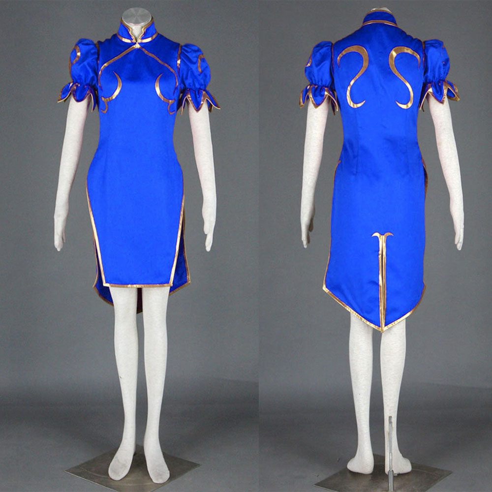 Street Fighter Costume Chun Li Blue Dress with Accessories for Women and Kids Cosplay