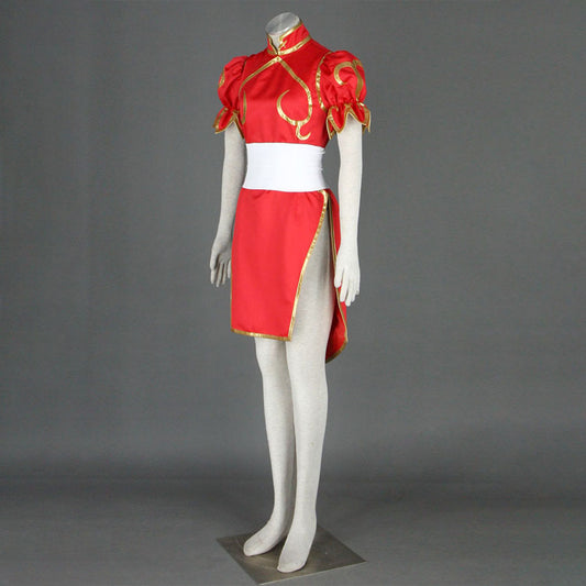 Street Fighter Costume Chun Li Cosplay Red Dress with Accessories for Women and Kids