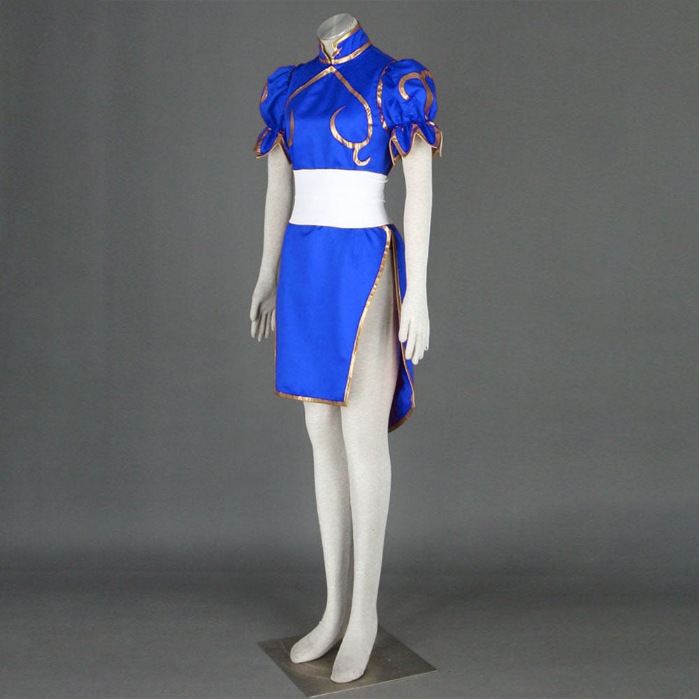 Street Fighter Costume Chun Li Blue Dress with Accessories for Women and Kids Cosplay