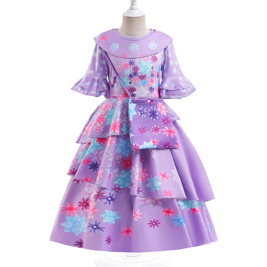 Girls Encanto Costume Isabella Cosplay Trumpet Short Sleeves Dress with Bag for Kids