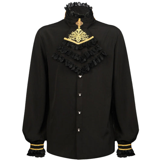 Halloween Costume Shirt Middle Age Gothic Vintage Pleated Tie Collar Shirt for Men