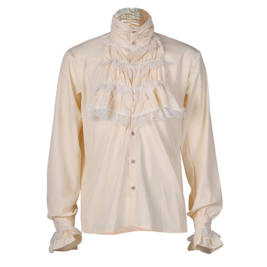Halloween Costume Middle Age Gothic Vintage Shirt Ruffles Pleated Stand Collar Shirt for Men