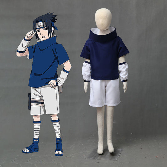 Men and Kids Anime Naruto Costume Uchiha Sasuke Childhood Cosplay Outfit with Headband