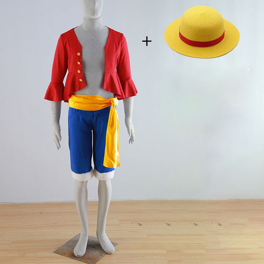 Anime Pirate Captain Monkey Cosplay Red Shirt Costume Outfit with Hat for Men Kids