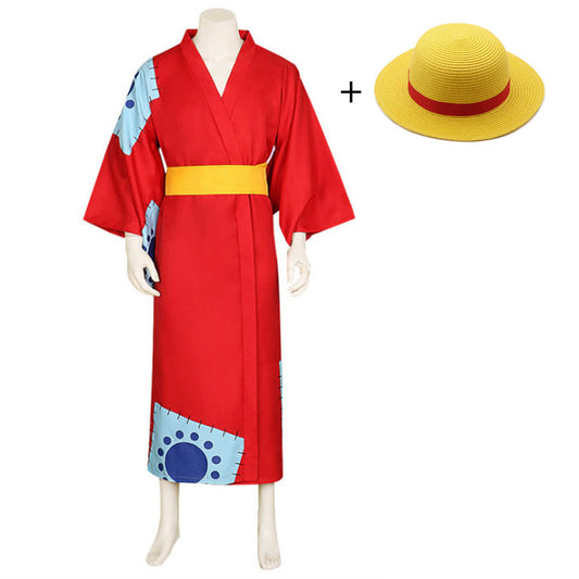 Anime Pirate Captain Monkey Cosplay Costumes Red Patchwork  Kimono Set with Hat For Men