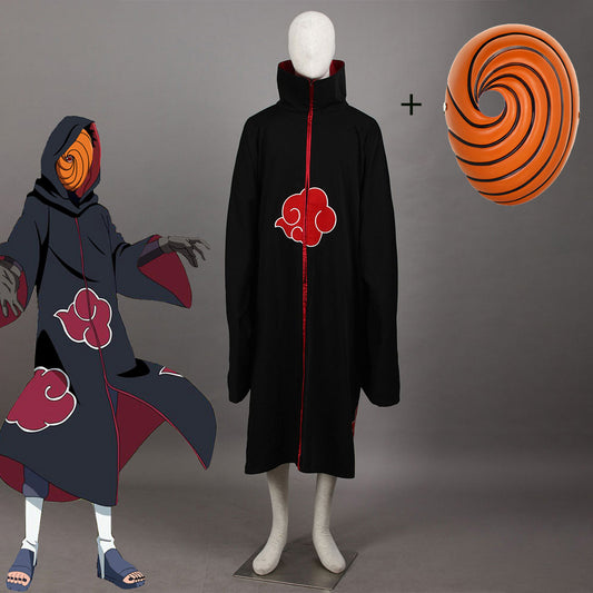 Anime Naruto Costume Akatsuki Obito Tobi Cosplay Embroidered Cloak with Mask for Men and Kids