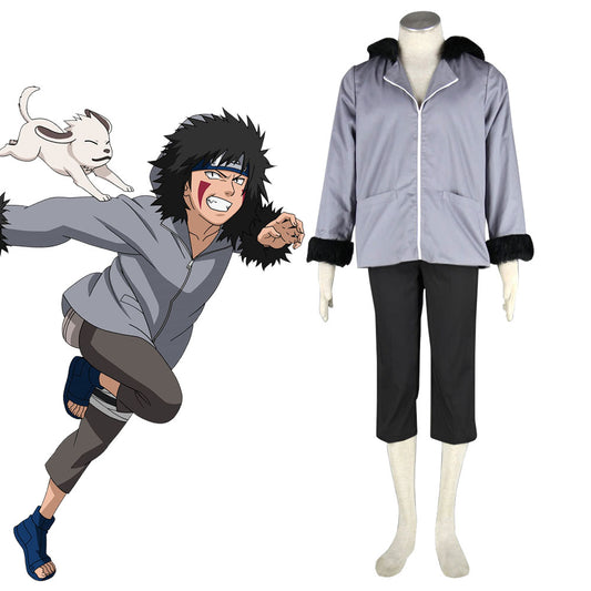 Anime Naruto Costume Kiba Inuzuka Childhood Gray Cosplay Outfit for Men Kids