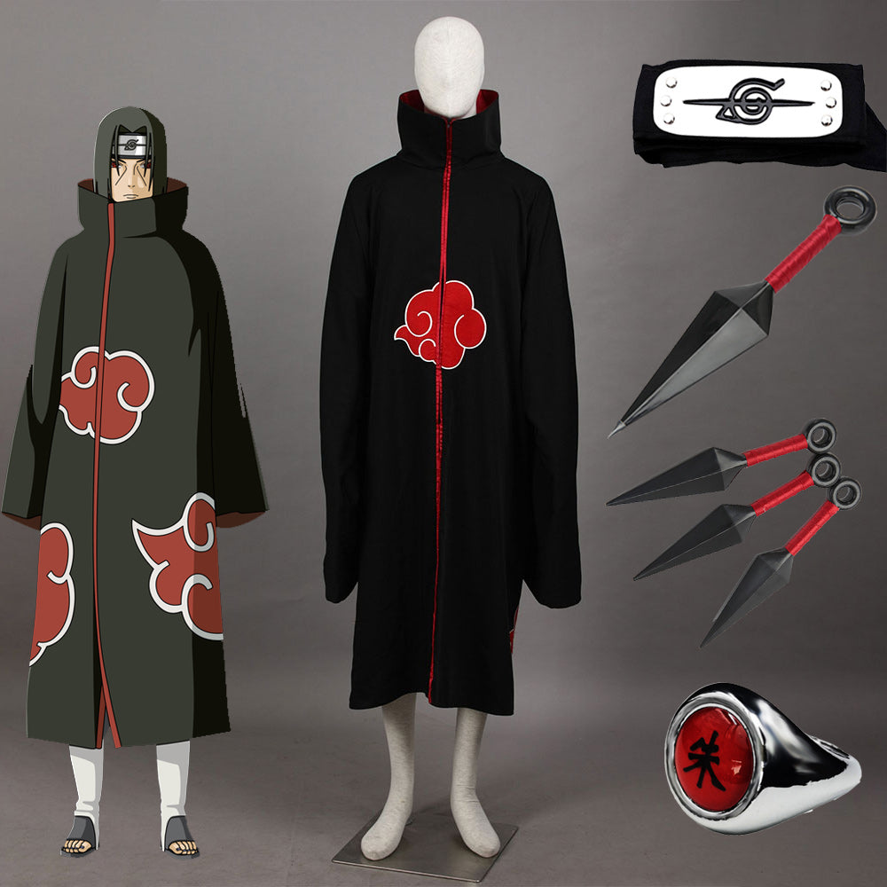 Anime Naruto Costume Akatsuki Itachi Cosplay Cloak with Accessories for Men Kids