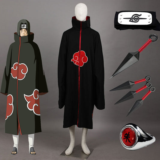 Anime Naruto Costume Akatsuki Itachi Cosplay Cloak with Accessories for Men Kids