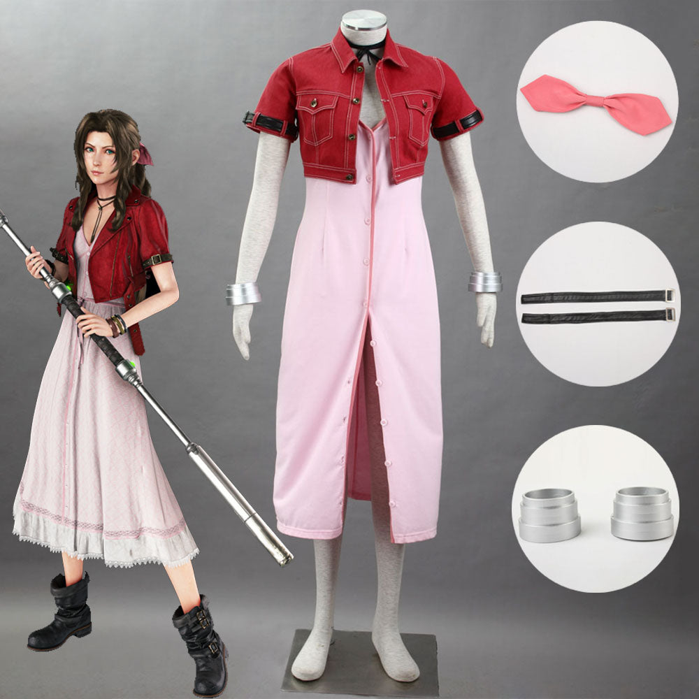 Final Fantasy 7 Costume Aerith Gainsborough Cosplay Suits with Accessories for Women and Kids