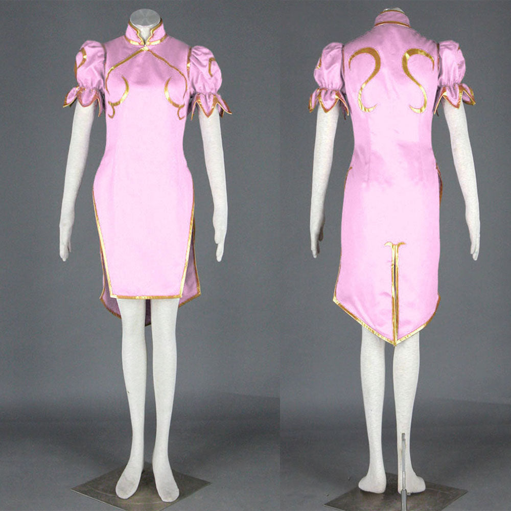 Street Fighter Costume Chun Li Cosplay Pink Dress with Accessories for Women and Kids
