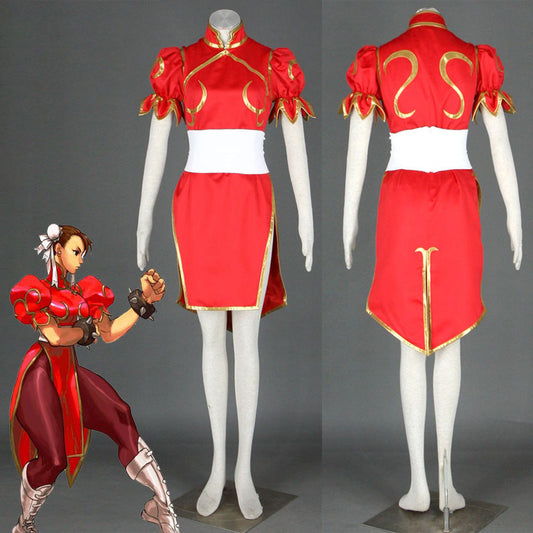 Street Fighter Costume Chun Li Cosplay Red Dress with Accessories for Women and Kids