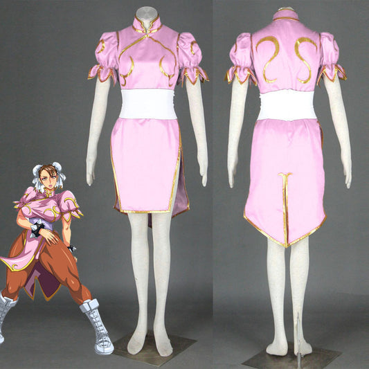 Street Fighter Costume Chun Li Cosplay Pink Dress with Accessories for Women and Kids