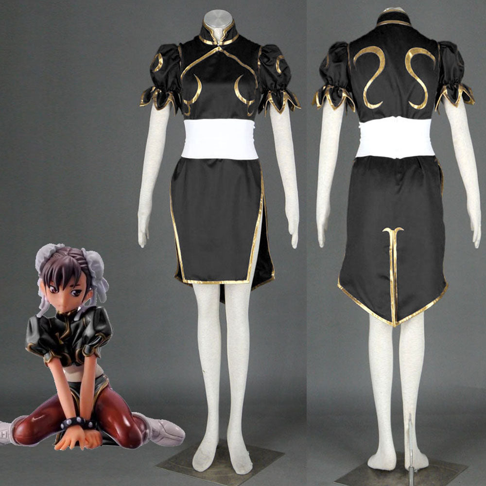 Street Fighter Costume Chun Li Cosplay Black Dress with Accessories for Women and Kids