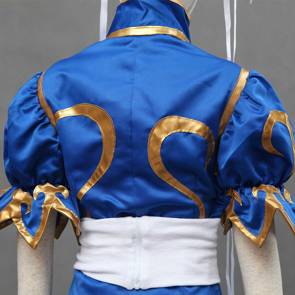 Street Fighter Costume Chun Li Cosplay Blue Dress with Accessories for Women and Kids