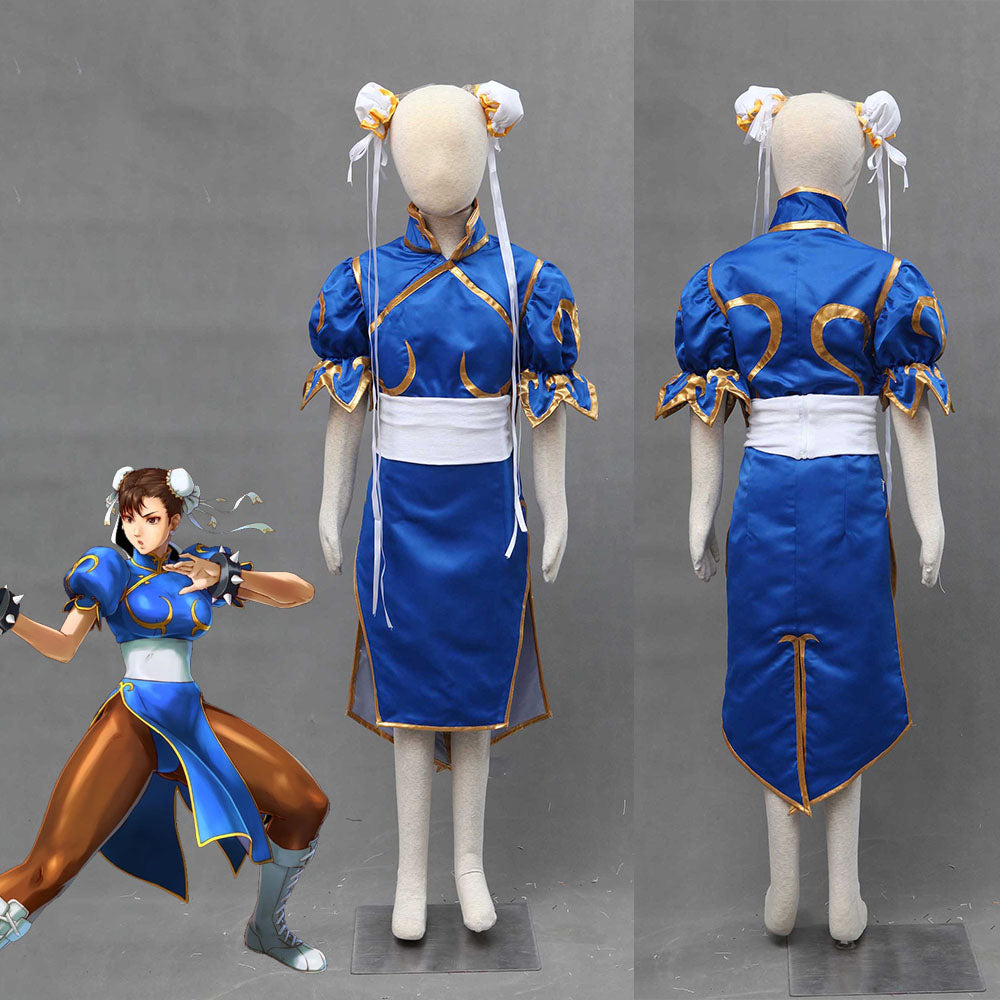 Street Fighter Costume Chun Li Cosplay Blue Dress with Accessories for Women and Kids