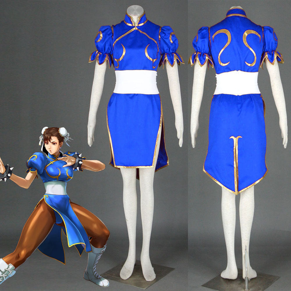 Street Fighter Costume Chun Li Blue Dress with Accessories for Women and Kids Cosplay