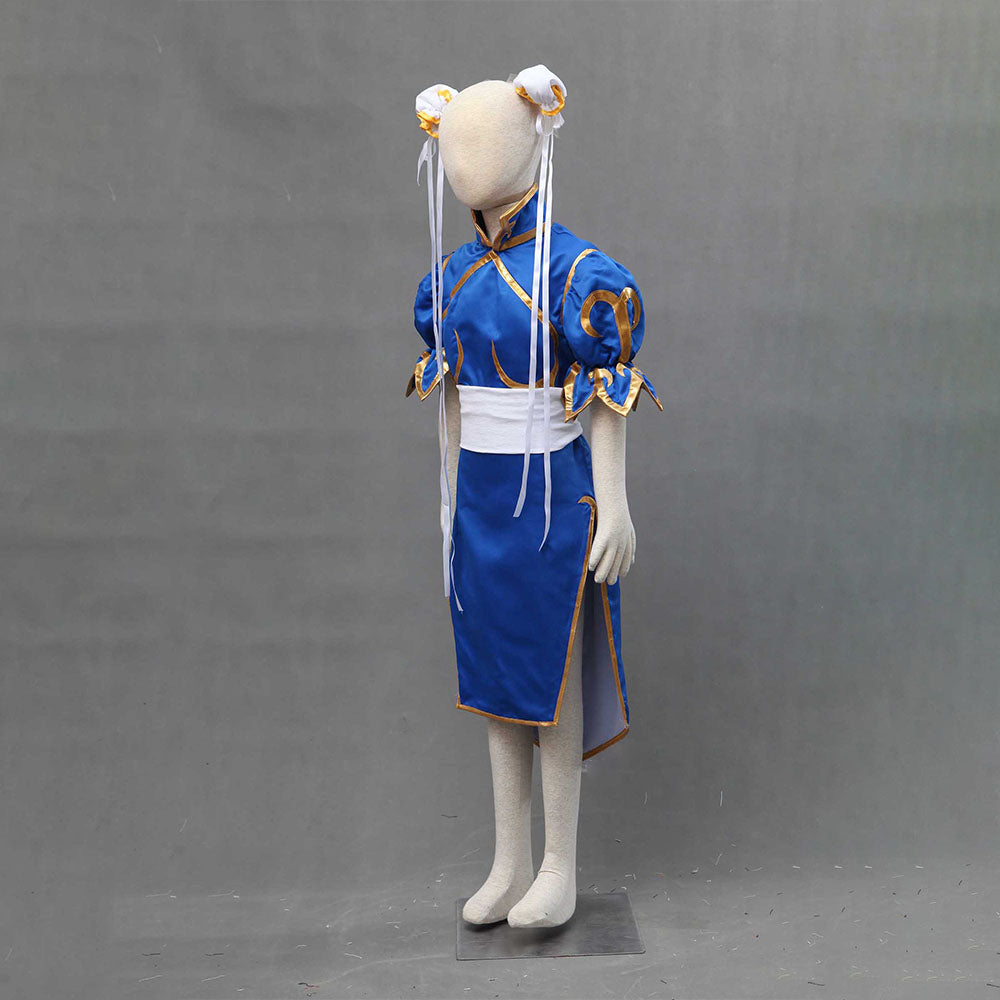 Street Fighter Costume Chun Li Cosplay Blue Dress with Accessories for Women and Kids
