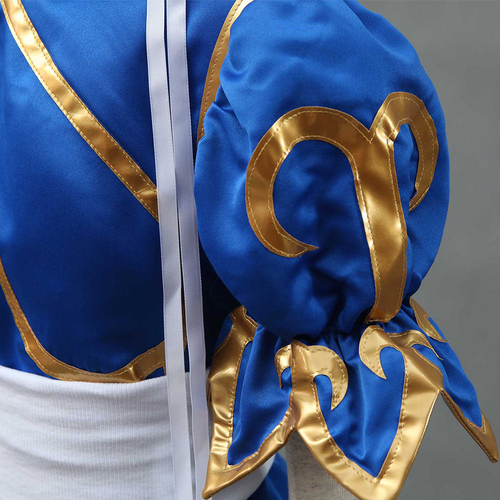 Street Fighter Costume Chun Li Cosplay Blue Dress with Accessories for Women and Kids