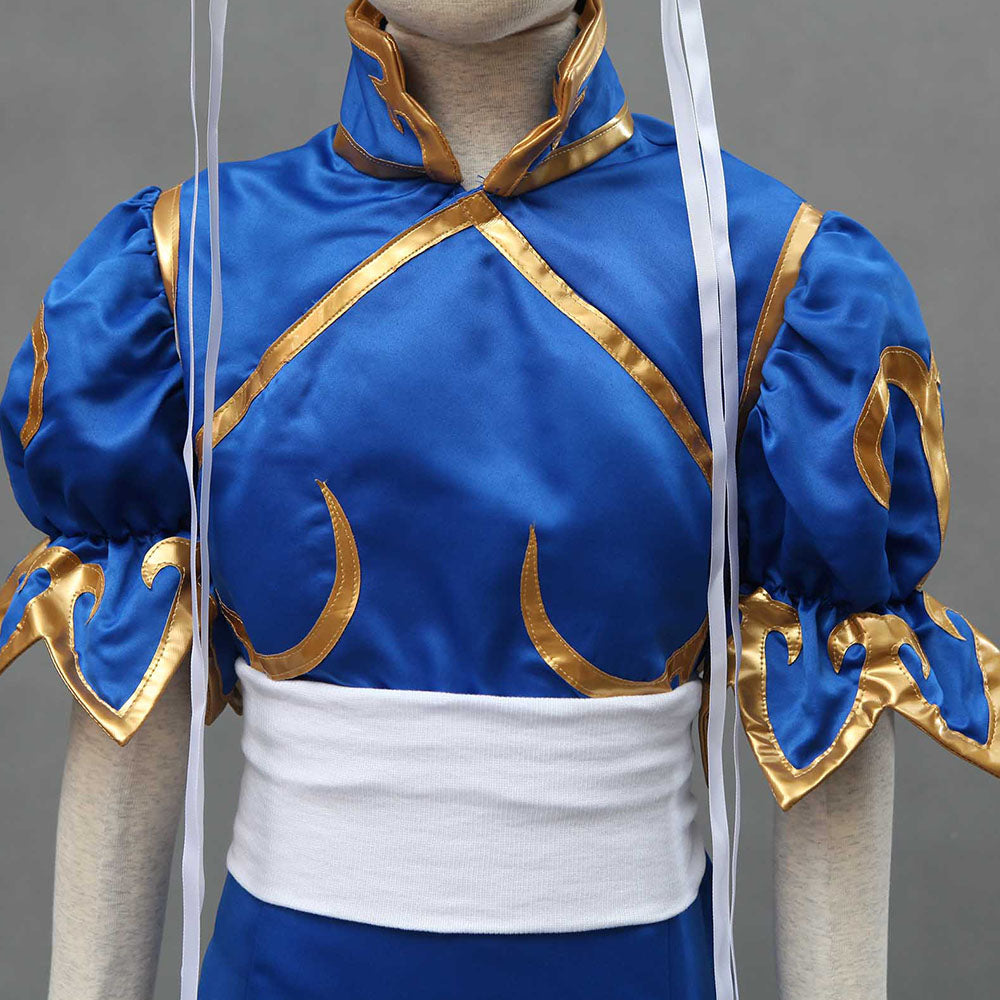 Street Fighter Costume Chun Li Cosplay Blue Dress with Accessories for Women and Kids