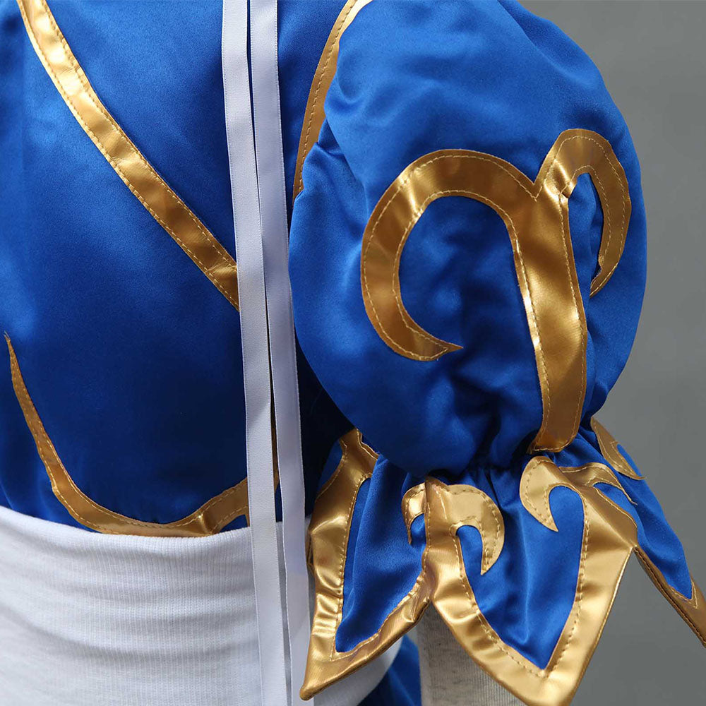 Street Fighter Costume Chun Li Blue Dress with Accessories for Women and Kids Cosplay