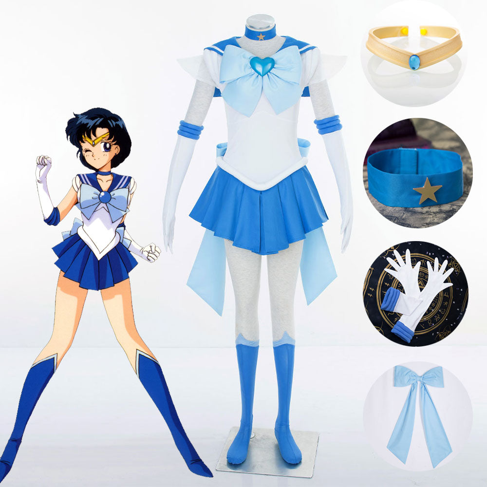 Women and Kids Sailor Moon Super S Costume Sailor Mercury Mizuno Ami Cosplay with Accessories