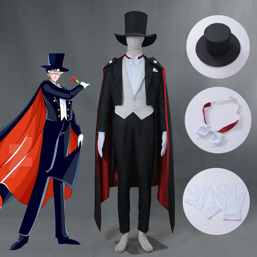 Men and Kids Sailor Moon Costume Tuxedo Mask Chiba Mamoru Cosplay Suit with Accessories