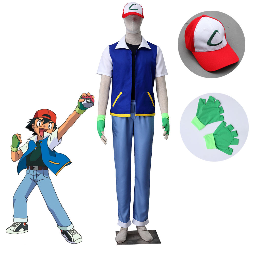 Pokemon Monster Costume Ash Ketchum Cosplay full Set with Accessories for Men and Kids