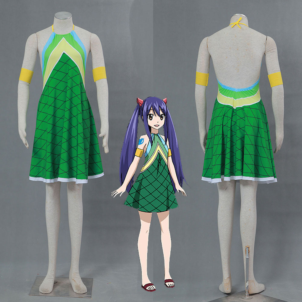 Fairy Tail Costume Tenrou Island Arc Wendy Marvell Green Cosplay Dress for Women and Kids