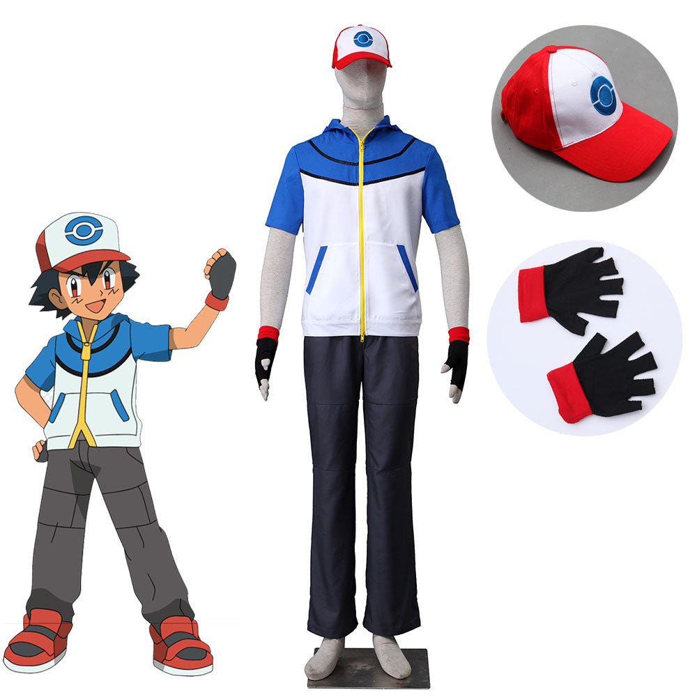 Pokemon Monster Costume Ash Ketchum Cosplay Hoodie full Set with Accessories for Men and Kids