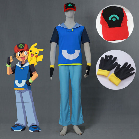 Men and Kids Pokemon Monster Costume Ash Ketchum Cosplay Hoodie full Set with Accessories