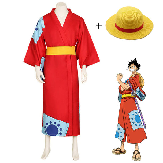 One Piece Wano Country Costumes Monkey D Luffy Cosplay Kimono Set with Hat For Men