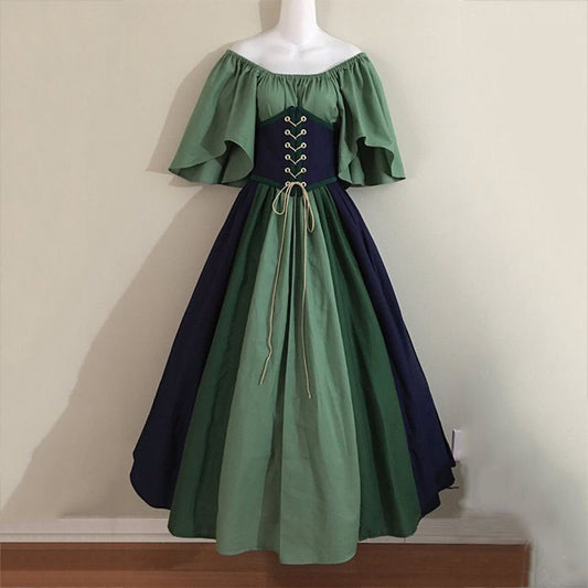 Middle Age Corset Swing Dress Off Shoulder Contrasting Color Vintage Style Dress