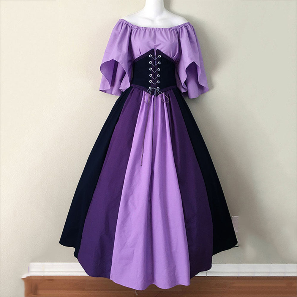 Middle Age Corset Swing Dress Off Shoulder Contrasting Color Vintage Style Dress