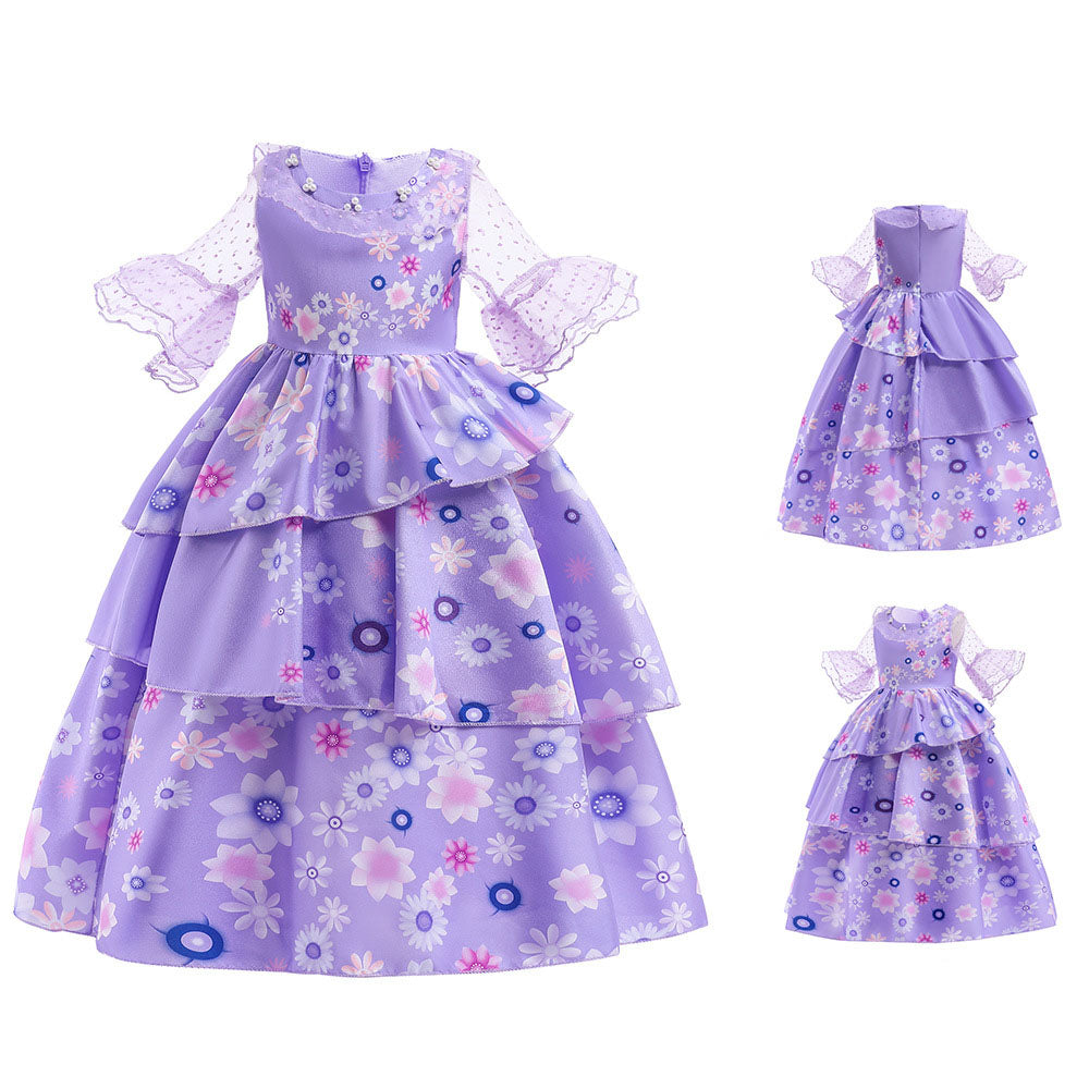 Girls Encanto Costume Isabella Cosplay Translucent Short Sleeves Princess Dress for Kids