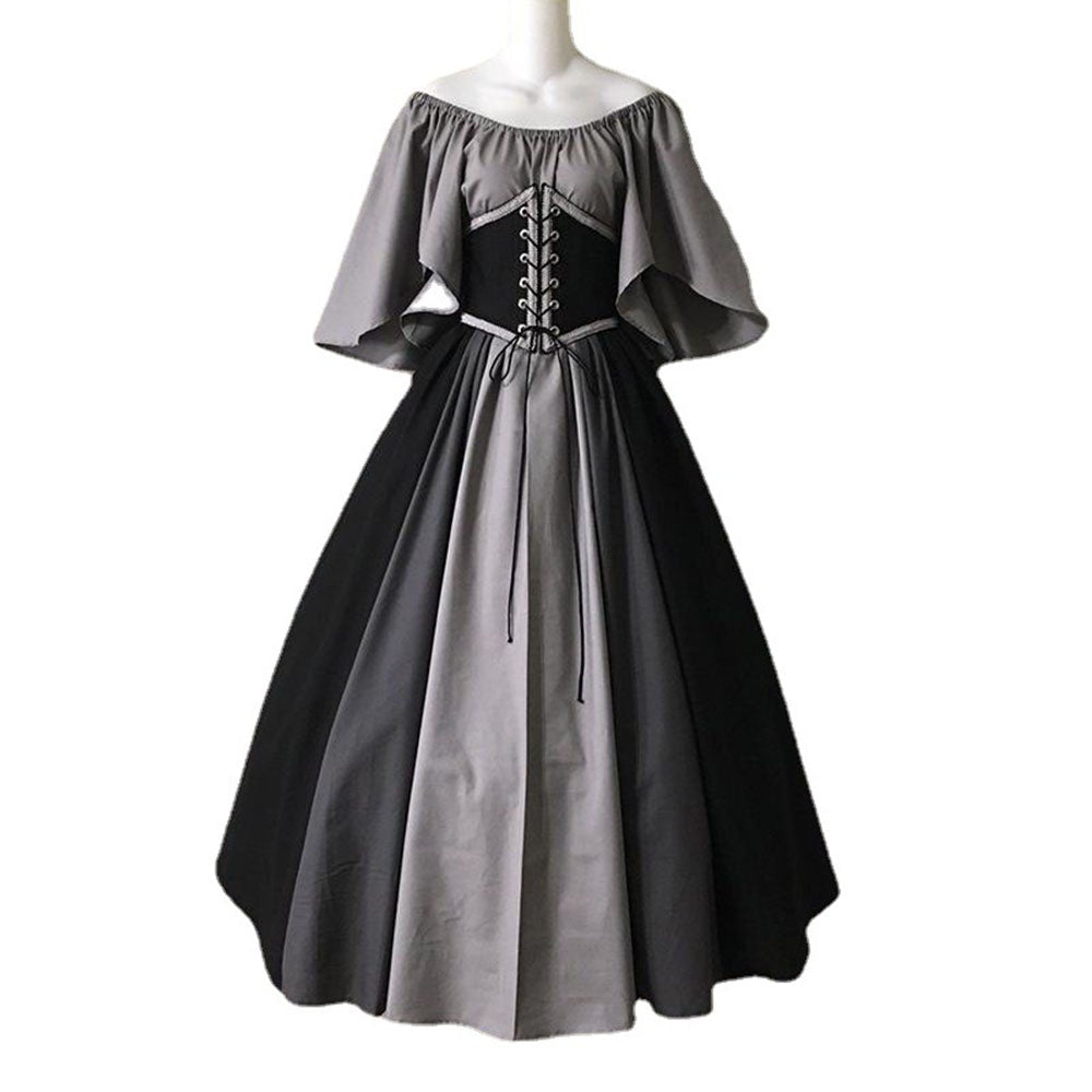 Middle Age Corset Swing Dress Off Shoulder Contrasting Color Vintage Style Dress