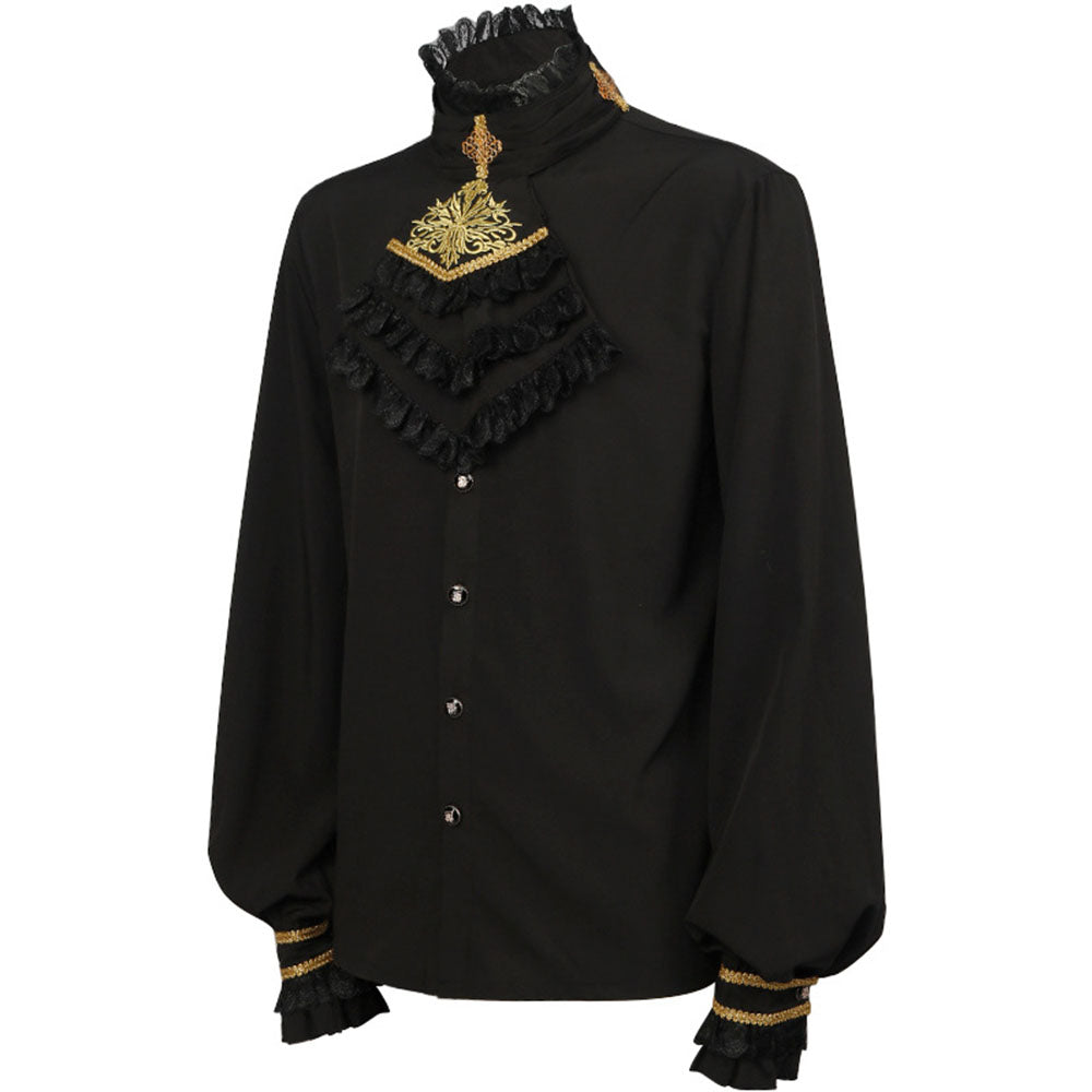 Halloween Costume Shirt Middle Age Gothic Vintage Pleated Tie Collar Shirt for Men