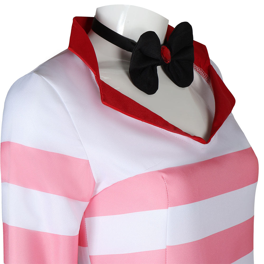 Hazbin Hotel Costume Angel Dust Cosplay full Set Pink Stripe Dress with Accessories