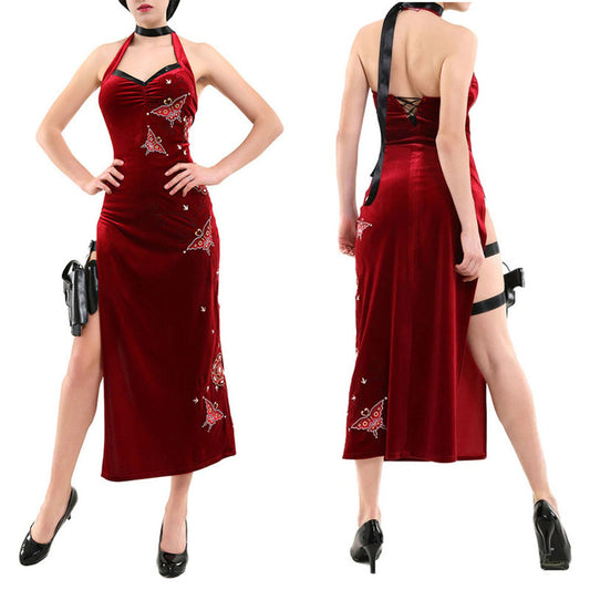 Resident Evil Costumes Ada Wong Cosplay Red Dress with Accessories for Women