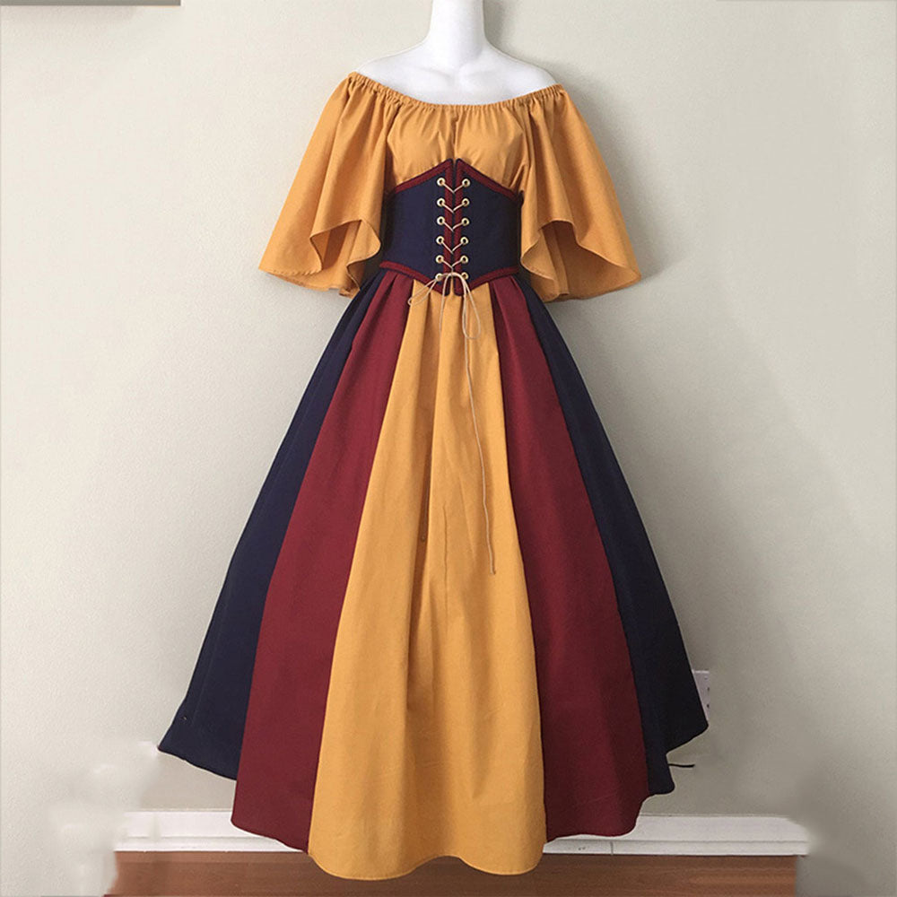 Middle Age Corset Swing Dress Off Shoulder Contrasting Color Vintage Style Dress