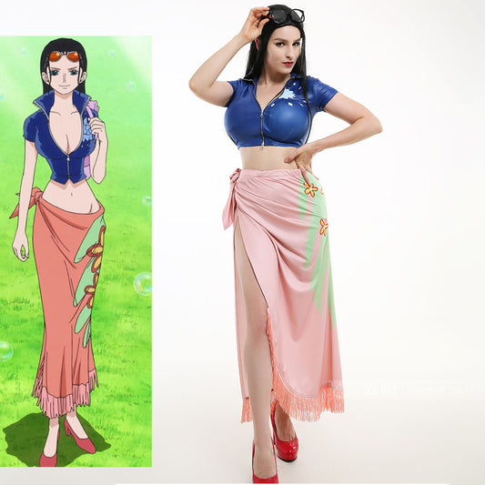 One Piece Costume Nico Robin Top and Floral Pattern Wrap Skirt Cosplay Outfit for Women