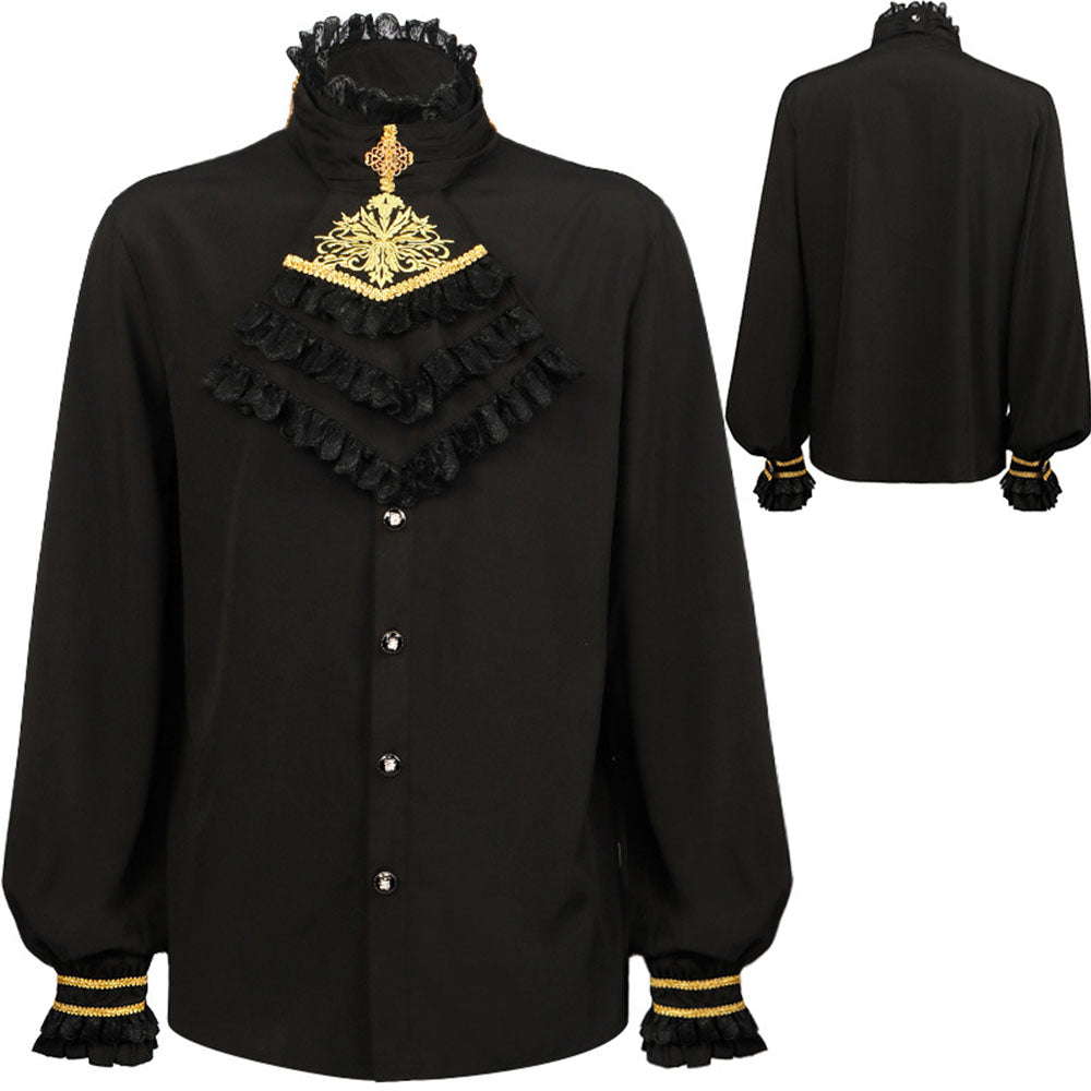 Halloween Costume Shirt Middle Age Gothic Vintage Pleated Tie Collar Shirt for Men