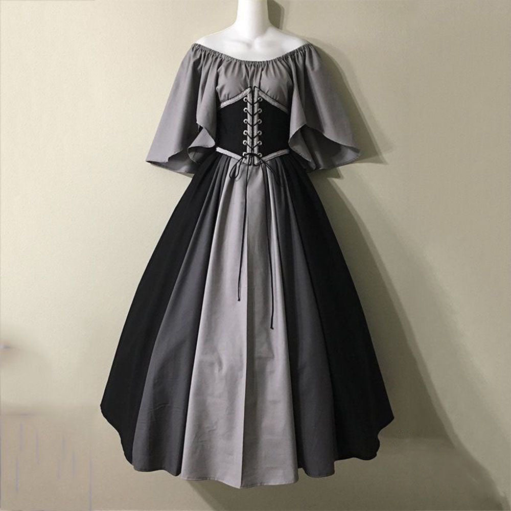 Middle Age Corset Swing Dress Off Shoulder Contrasting Color Vintage Style Dress