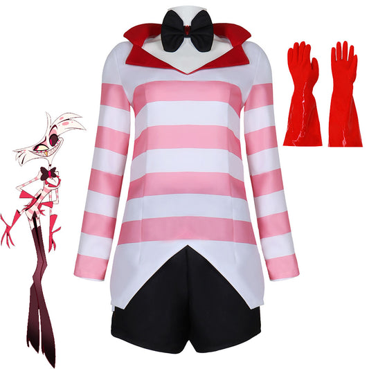 Hazbin Hotel Costume Angel Dust Cosplay full Set Pink Stripe Dress with Accessories