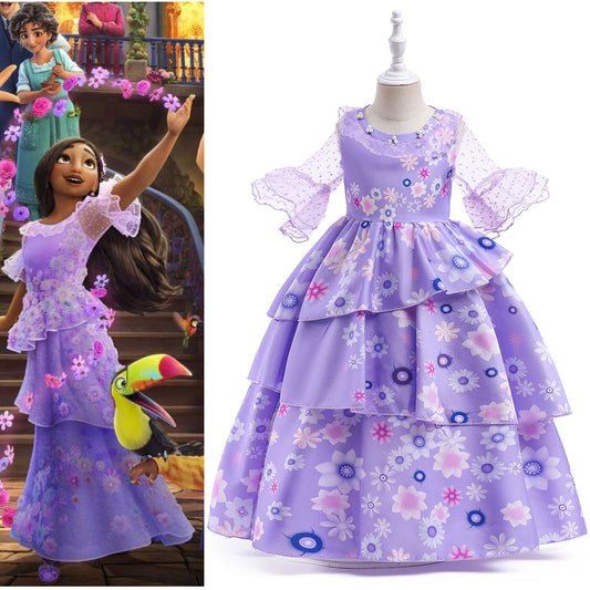 Girls Encanto Costume Isabella Cosplay Translucent Short Sleeves Princess Dress for Kids