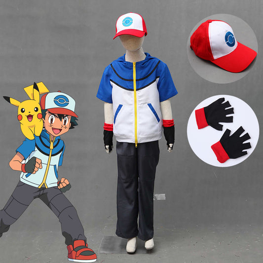 Pokemon Monster Costume Ash Ketchum Cosplay Hoodie full Set with Accessories for Men and Kids