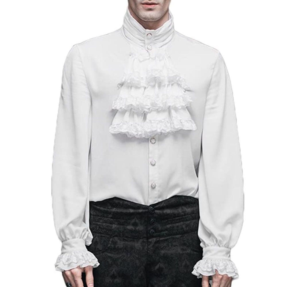 Halloween Costume Middle Age Gothic Vintage Shirt Ruffles Pleated Stand Collar Shirt for Men