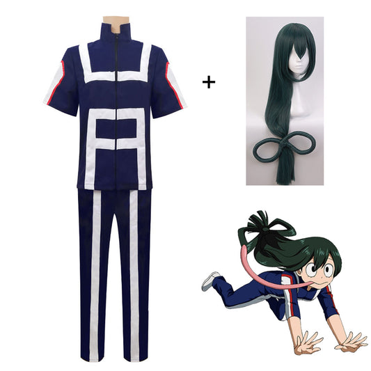 Anime My Hero Academia Costume Asui Tsuyu Training/Gym Cosplay Outfit with Wig