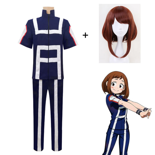 Anime My Hero Academia Costume Uraraka Ochaco Training/Gym Cosplay Outfit with Wig
