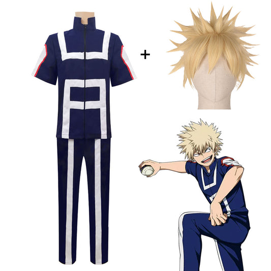 Anime My Hero Academia Costume Bakugou Katsuki Training/Gym Cosplay Outfit with Wig